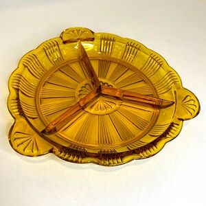 Vtg Amber Glass 3 Section Relish Dish Serveware Carnival Glass